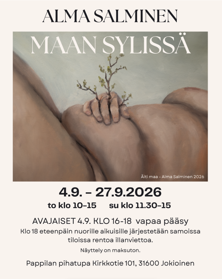 Taidenäyttelyn mainoskuva jossa osakuva teoksesta Äiti maa.