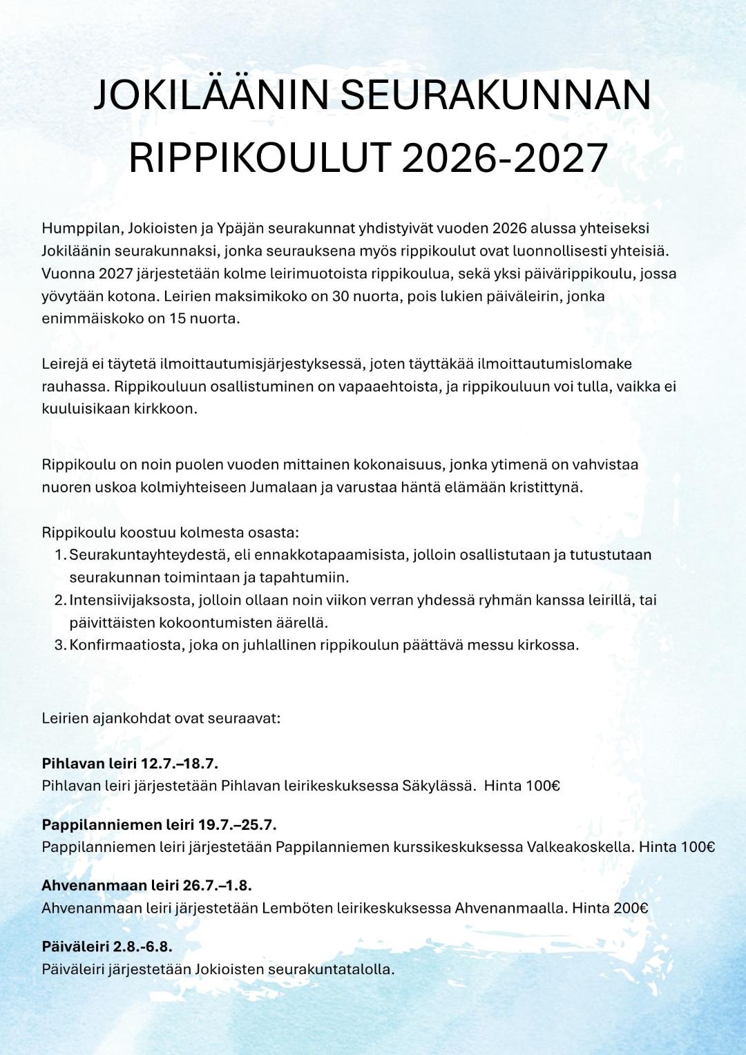 Info & ilmoittautuminen Jokiläänin rippikouluun