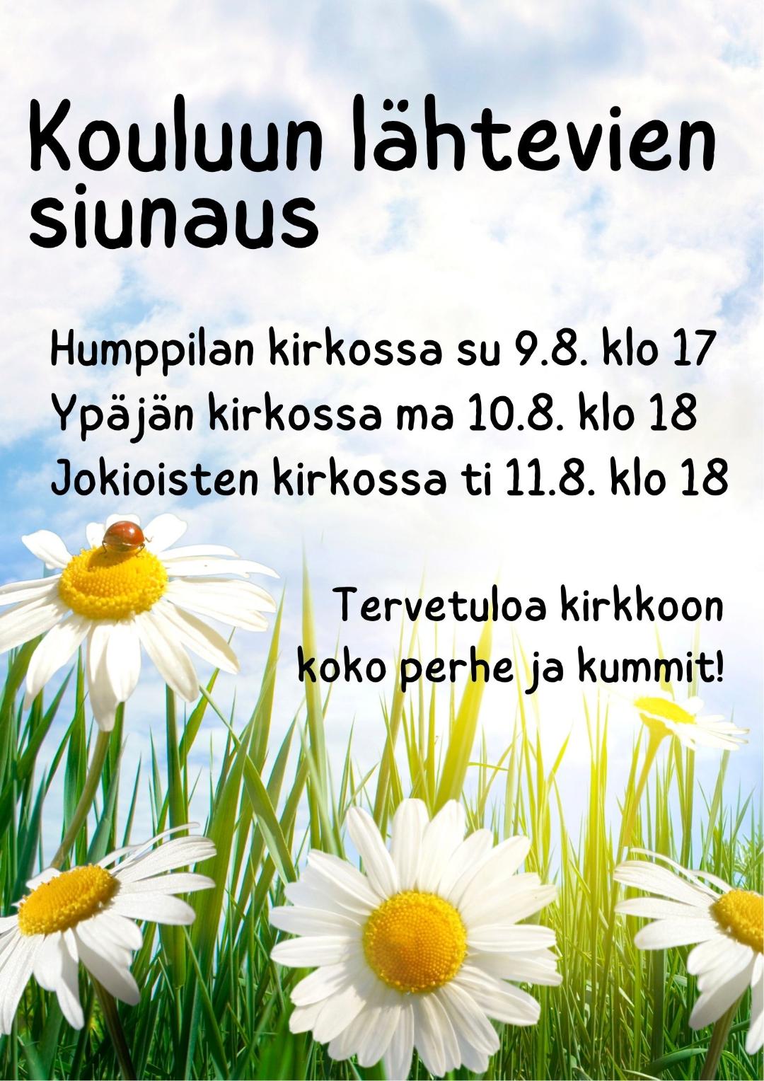 Kouluun lähtevien siunaamistilaisuuksien mainos